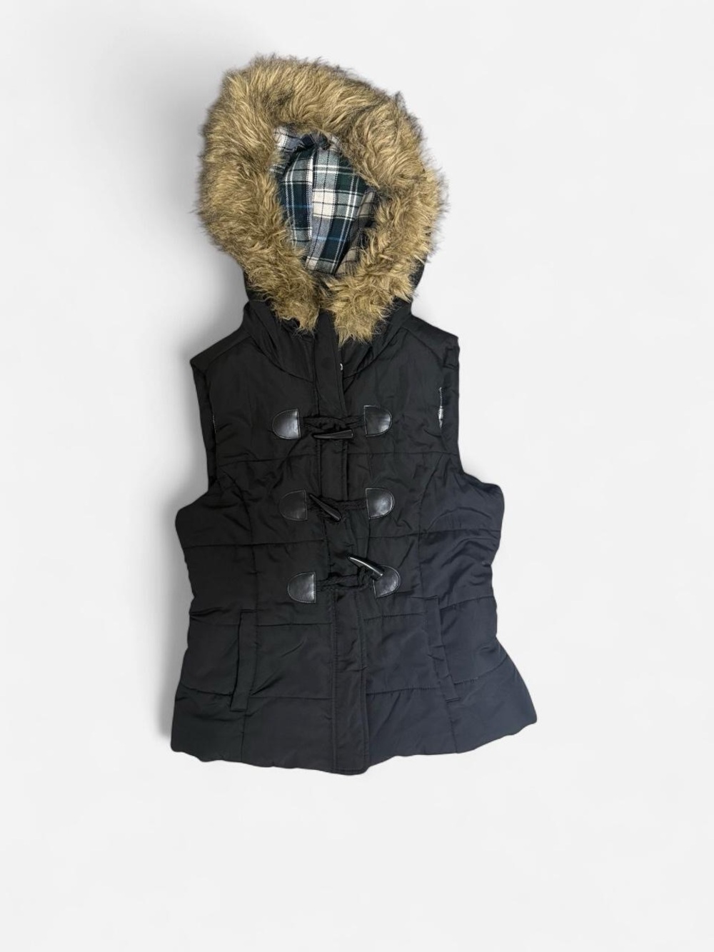Papaya Black Puffer Vest with Faux Fur Hood Trim